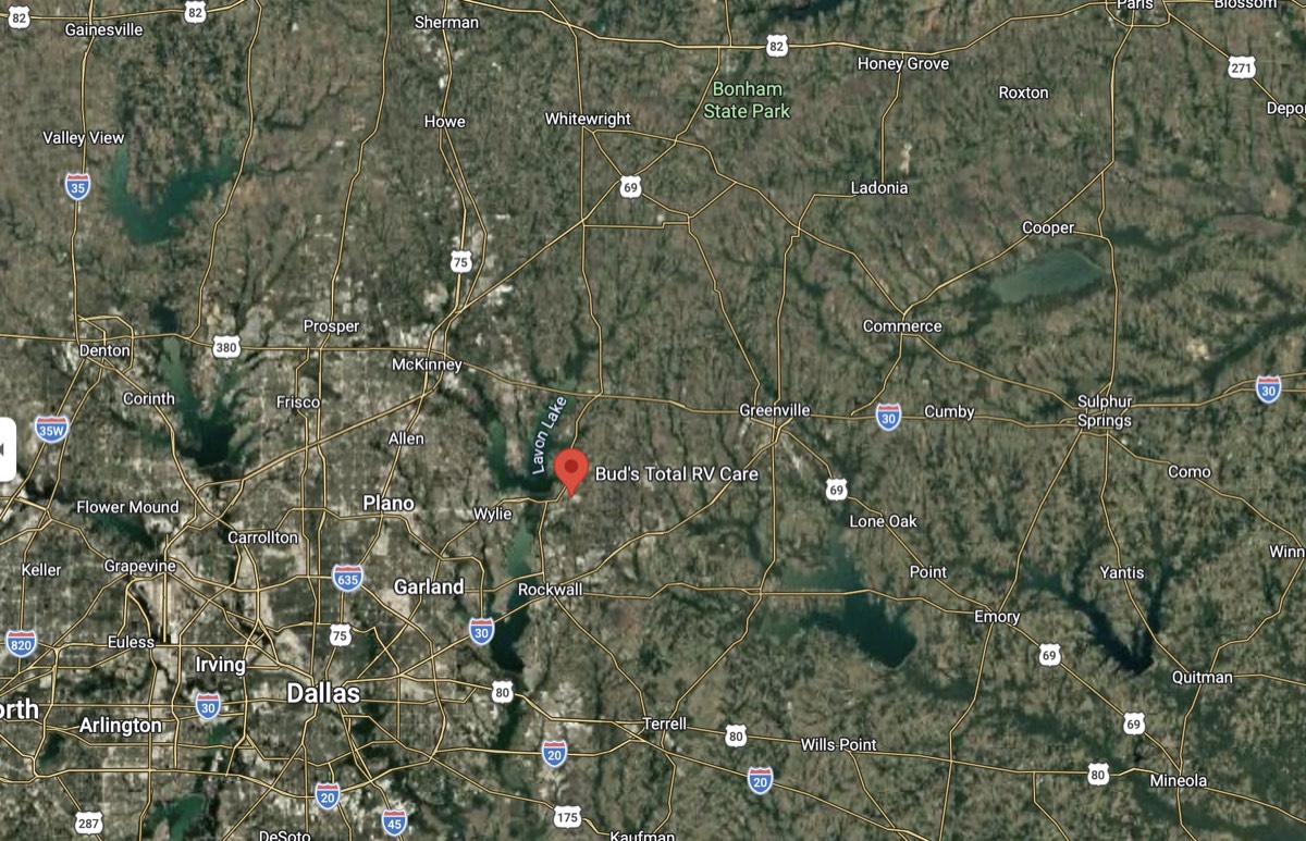 Service area map showing Bud's Total RV Care 30-minute mobile RV repair coverage across Lavon, Rockwall, Wylie, Plano, McKinney, Garland, Greenville, and Princeton in Northeast Texas